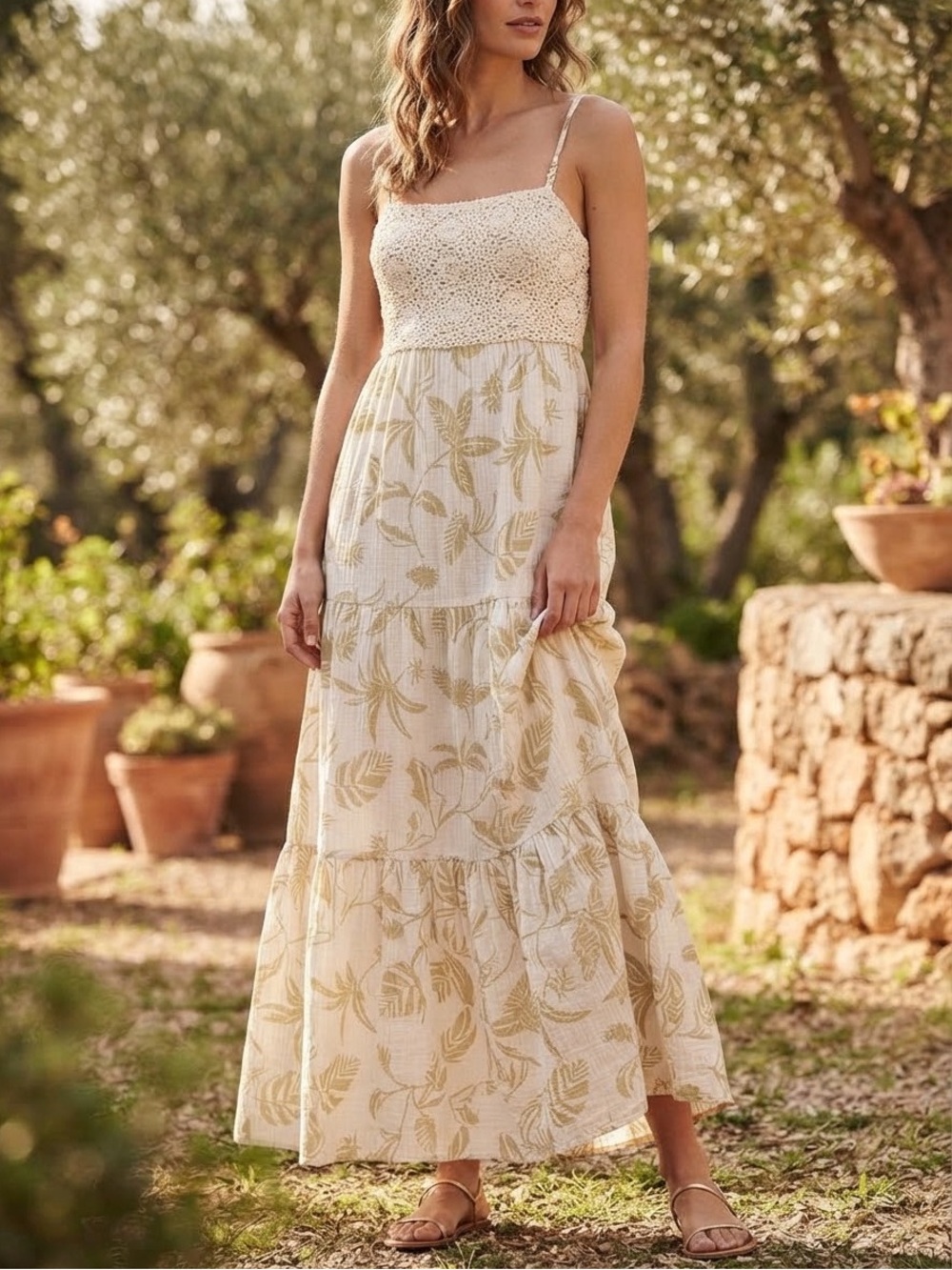American Eagle Outfitters Cream Maxi Dress with Olive Leaf Print